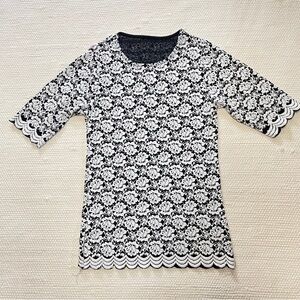 Korean Fashion Cotton Stretchy Crew Neck Navy White Floral Top